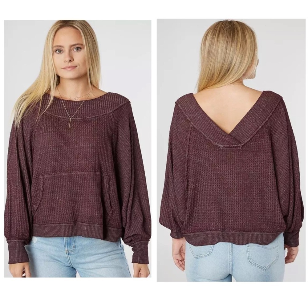 FREE PEOPLE We The Free Westend Purple Waffle Knit Thermal Top pocket Sz XS.
